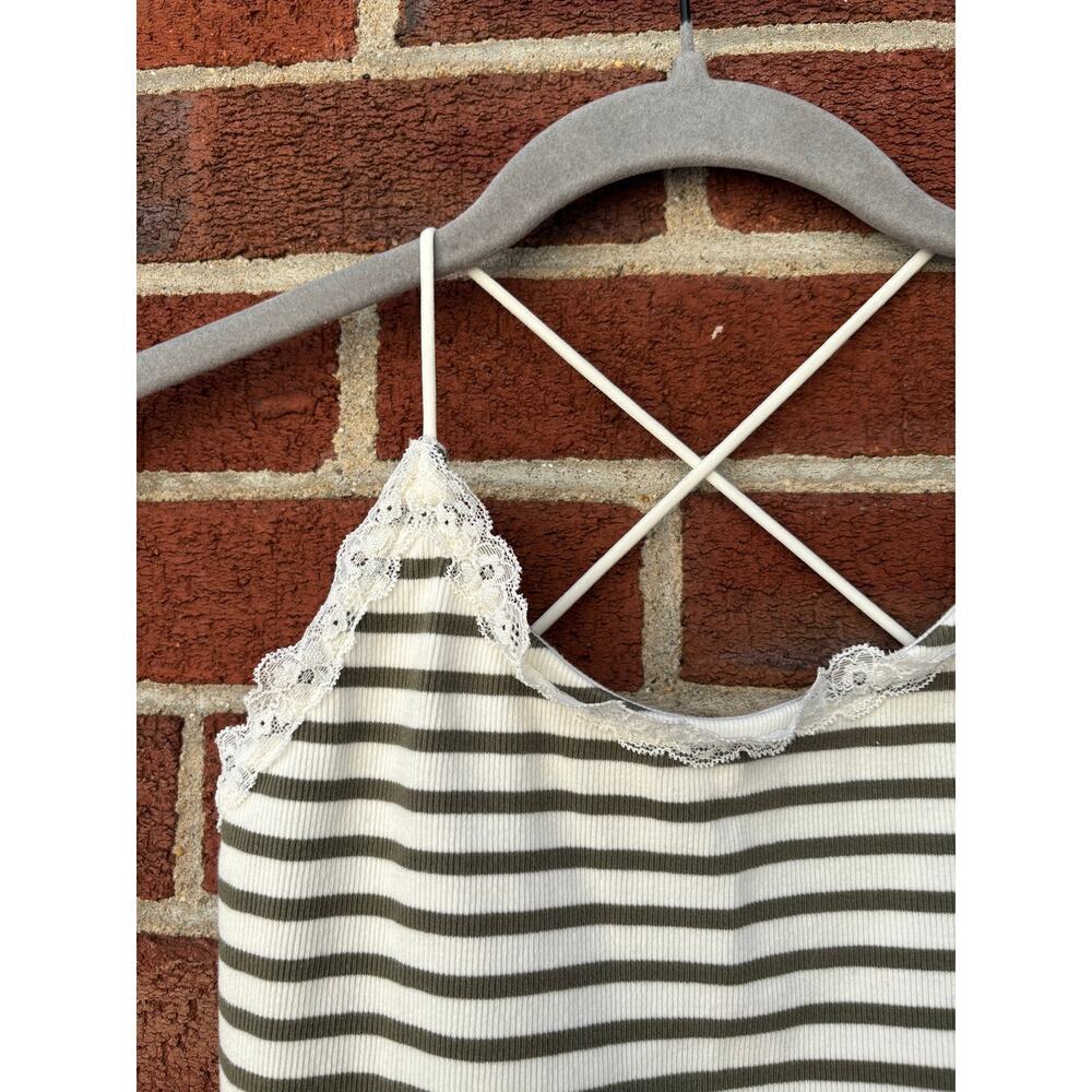 American Eagle Lace Trim Striped Cami Tank Top XS Olive Ivory Y2K Cottagecore - Picture 5 of 9